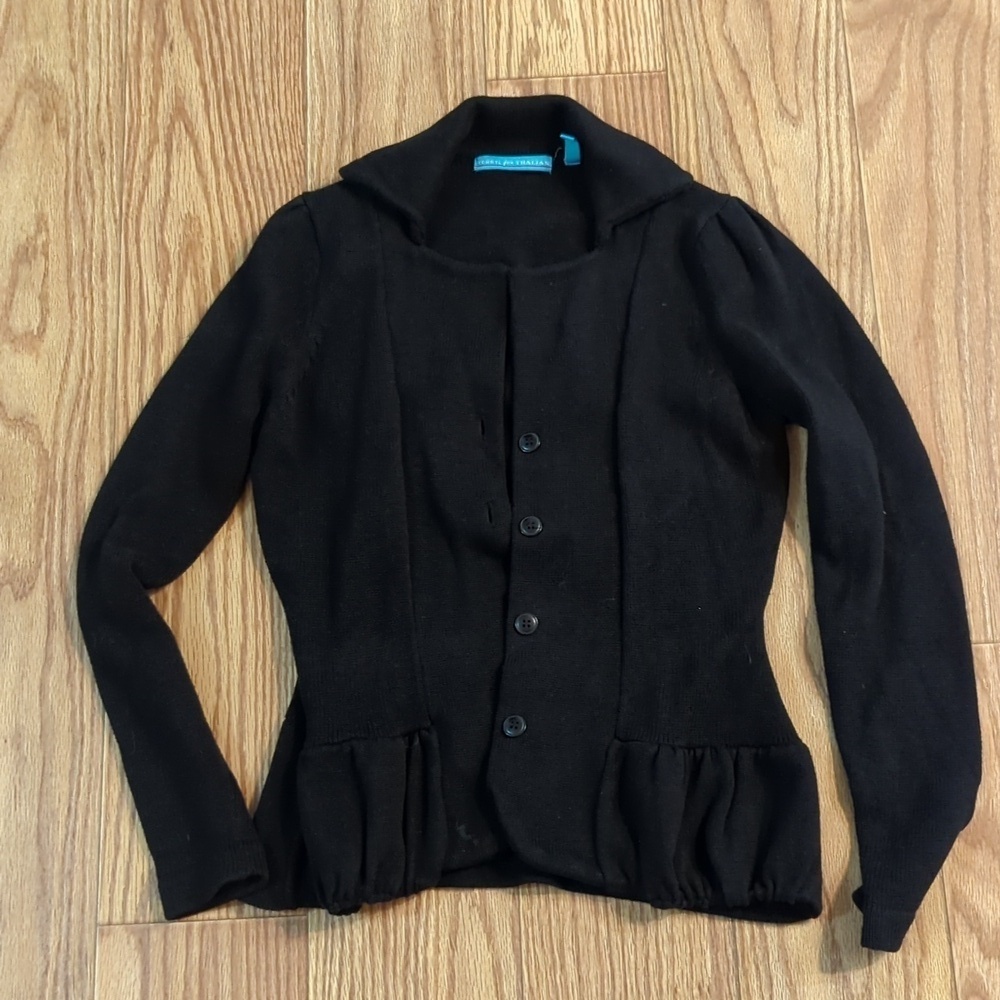 Terryl for Thalian Peplum Cardigan Sweater Black Button Front Women's Size S
